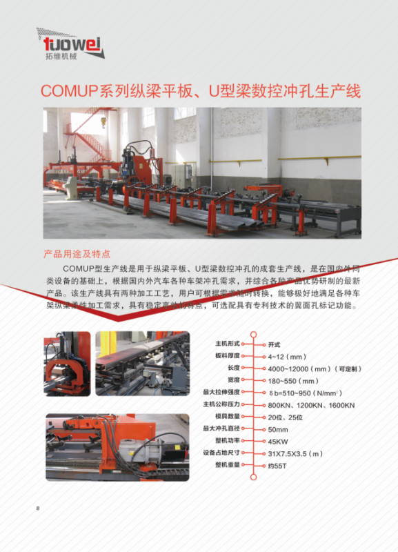 山東拓維機械制造有限公司，汽車大梁沖，汽車小梁沖，鋼模板沖孔，鋼模板加工設備，汽車橫梁沖，數控平板沖孔機，中厚板數控沖床，數控沖鉆復合機，汽車縱梁沖，縱梁自動化生產線，中厚板沖割復合機，平地機刀片沖鉆生產線